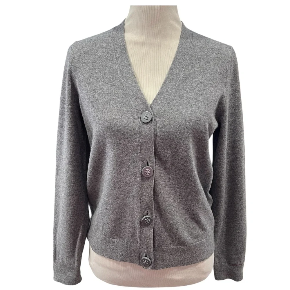 Tory Burch Gray V Neck Cashmere Cardigan Sweater Size Small